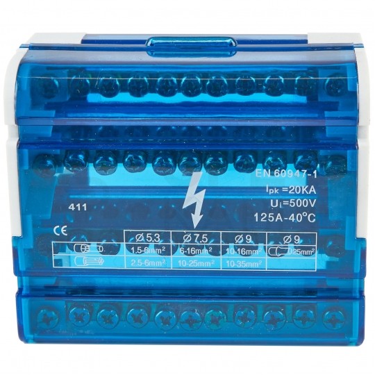 Blok rozdzielczy modułowy Listwa łączeniowa 4x11 125A na szynę DIN TH35 4x (2x 35mm2 + 2x 25mm2 + 5x 6mm2) VCX