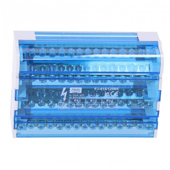 Blok rozdzielczy modułowy Listwa łączeniowa 4x15 125A na szynę DIN TH35 4x (2x 10-35mm2 + 2x 10-25mm2 + 11 2,5-5mm2) FJ-415/125BE HEDO