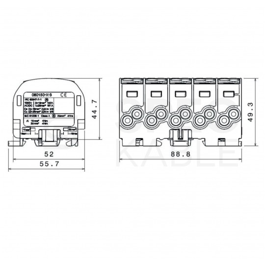 Blok rozdzielczy odgałęźny Al/Cu (max. 25mm2) na szynę TH35 kolorowy 5x (3x szary,1x niebieski, 1x zielony) SCB 25-5X SIMBLOCK SIMET