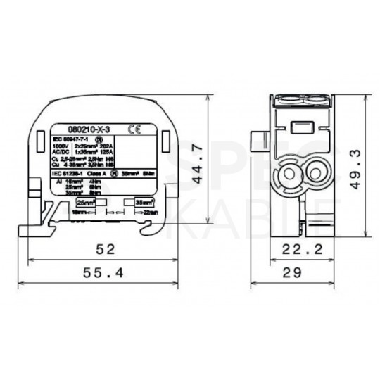 Blok rozdzielczy odgałęźny Al/Cu (max. 35mm2) na szynę TH35 brązowy SCB 35 SIMBLOCK SIMET