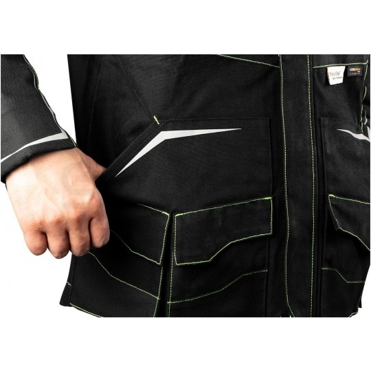 Bluza, kurtka robocza wzmocnienia na łokciach PREMIUM PRO czarna z neonowo-zielonymi przeszyciami rozmiar S/48 NEO 81-214-S