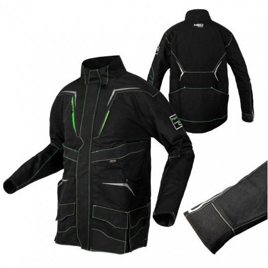 Bluza, kurtka robocza wzmocnienia na łokciach PREMIUM PRO czarna z neonowo-zielonymi przeszyciami rozmiar S/48 NEO 81-214-S