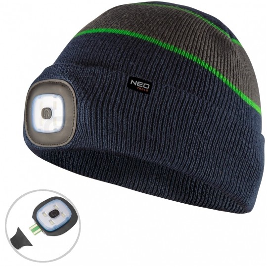 Czapka robocza zimowa, jesienna z latarką LED 180lm IP43 granatowo-szaro-zielona 100% akryl Premium NEO 81-630