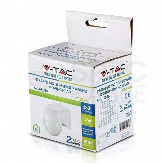 Czujnik ruchu automatyczny PIR, detektor natynkowy regulowany 400W 230V 180st. IP44 o zasięgu działania do 12m biały V-TAC VT-8028-W