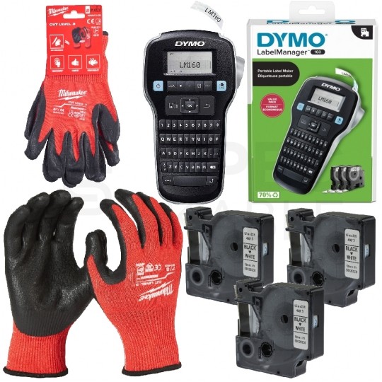 Drukarka etykiet DYMO LabelManager 160 dla biura, domu, instalatora (LM 160) [S0946320 / 2181011] + 3 oryginalne taśmy DYMO D1 12mm + Rękawice robocze, ochronne rozmiar M/8 odporne na przecięcia, poziom ochrony 3/C MILWAUKEE