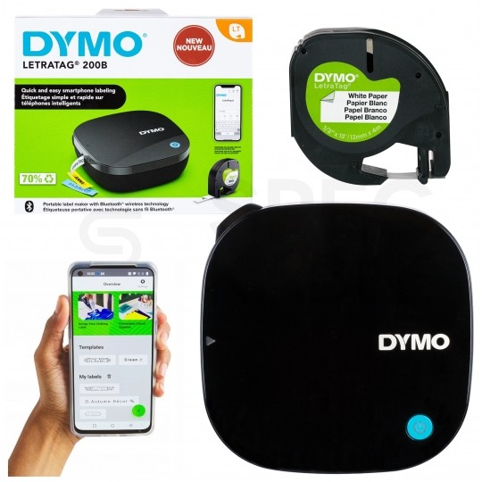 Drukarka etykiet DYMO LetraTag 200B BLUETOOTH dla domu, dzieci, home Office (LT-200B) [2172855] + taśma papierowa 12mm