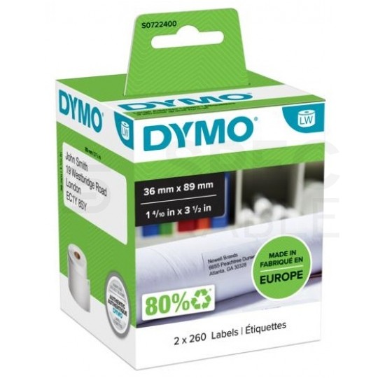 Etykiety adresowe DYMO LW 36x89mm białe papierowe [99012 / S0722400] ORYGINALNE 2 rolki x 260szt.