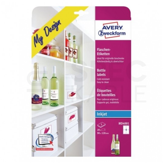 Etykiety na butelki 90x120mm białe papierowe (20 etykiet na 5 arkuszach A4) AVERY Zweckform MD4001