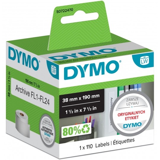 Etykiety na segregatory DYMO LW 38x190mm białe papierowe [99018 / S0722470] ORYGINALNE 1 rolka x 110szt.