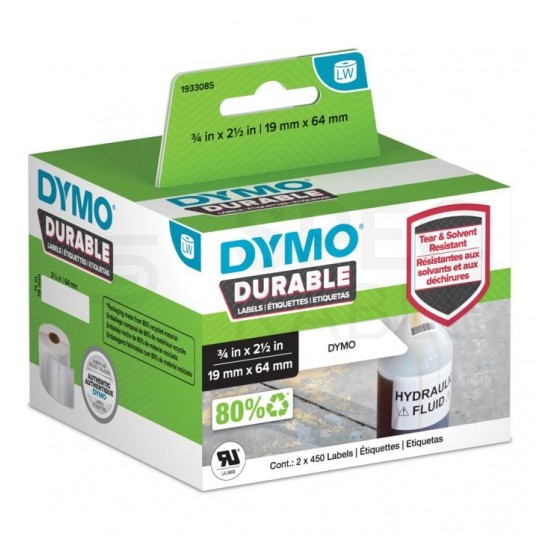 Etykiety odporne DYMO LW Durable 19x64mm białe polipropylenowe [1933085 / 2112284] ORYGINALNE 2 rolki x 450szt.