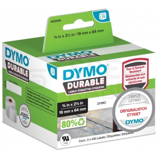 Etykiety odporne DYMO LW Durable 19x64mm białe polipropylenowe [1933085 / 2112284] ORYGINALNE 2 rolki x 450szt.