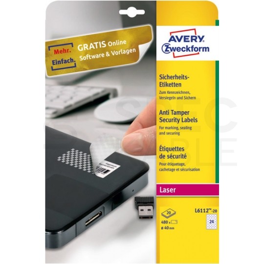 Etykiety plomby zabezpieczające okrągłe śred. 40mm białe poliestrowe (480 etykiet na 20 arkuszach A4) AVERY Zweckform L6112-20