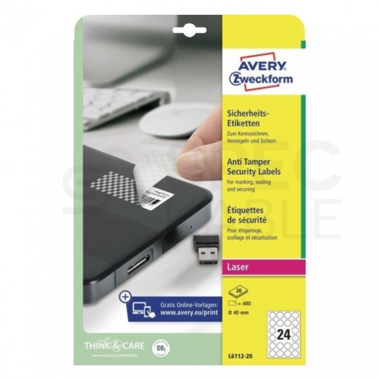 Etykiety plomby zabezpieczające okrągłe śred. 40mm białe poliestrowe (480 etykiet na 20 arkuszach A4) AVERY Zweckform L6112-20
