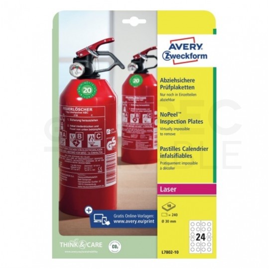 Etykiety tabliczki inspekcyjne okrągłe śred. 30,0mm białe poliestrowe do ręcznego opisu (240 etykiet na 10 arkuszach NoPeel) AVERY Zweckform L7802-10