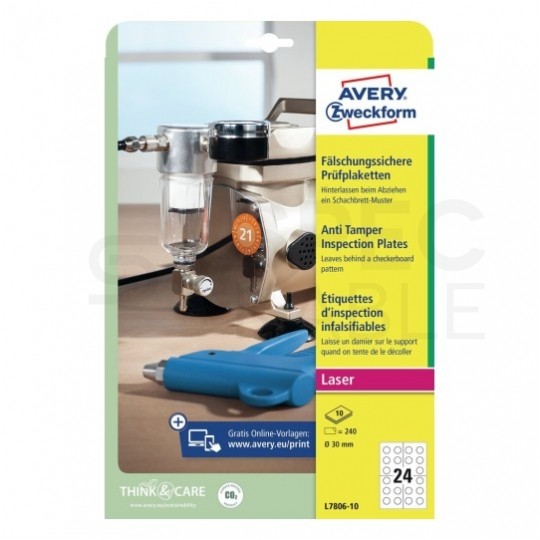 Etykiety tabliczki inspekcyjne okrągłe śred. 30,0mm białe poliestrowe plomby zabezpieczające (240 etykiet na 10 arkuszach) AVERY Zweckform L7806-10