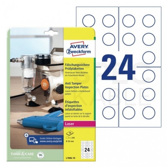 Etykiety tabliczki inspekcyjne okrągłe śred. 30,0mm białe poliestrowe plomby zabezpieczające (240 etykiet na 10 arkuszach) AVERY Zweckform L7806-10