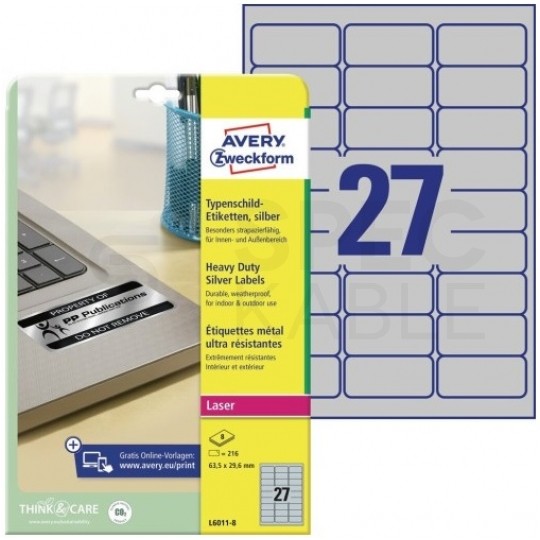 Etykiety znamionowe 63,5x29,6mm srebrne poliestrowe Heavy Duty przemysłowe uniwersalne (216 etykiet na 8 arkuszach A4) AVERY Zweckform L6011-8