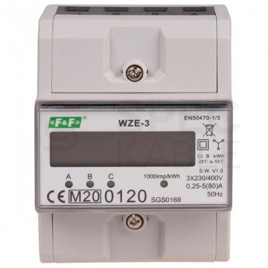 F&F Licznik zużycia energii elektrycznej MID 3-fazowy 5/80A 4-modułowy z wyświetlaczem LCD WZE-3