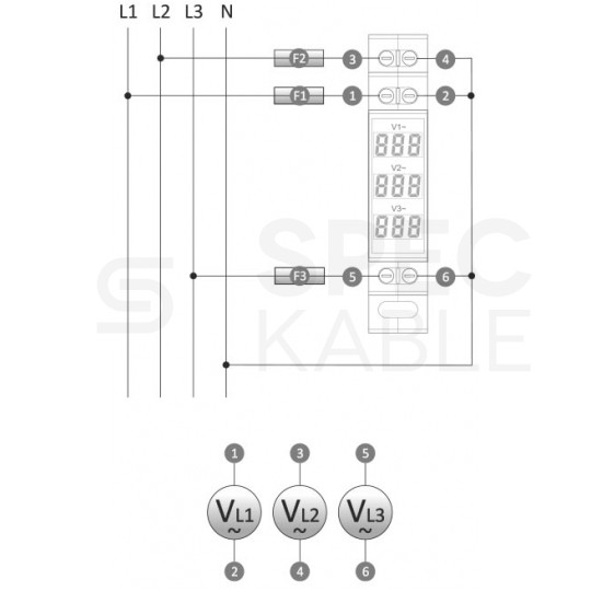 F&F Wskaźnik napięcia 80V-500V Woltomierz cyfrowy 3-fazowy na szynę DIN TH35