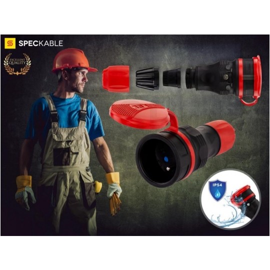 Gniazdo hermetyczne prądowe z klapką [2P+Z] 230V 16A czarno-czerwone IP54 EXTREM na kabel