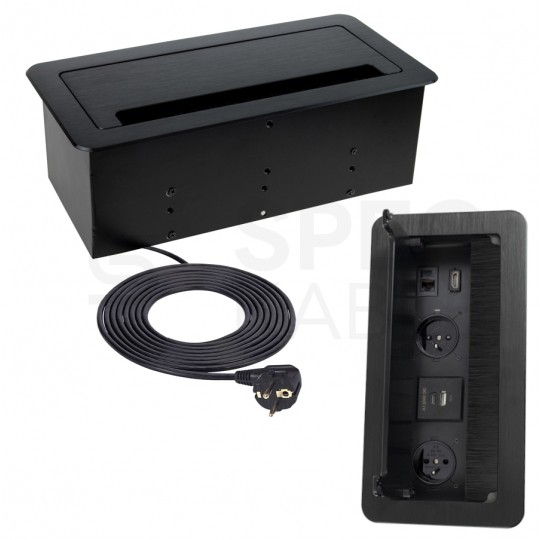 Gniazdo meblowe chowane w blat INBOX czarne podwójne 2x [2P+Z] 16A + gniazdo ładowania USB A + USB C (5V / 2,1A) + port RJ45 + port HDMI 2.0 z przewodem 1,5m
