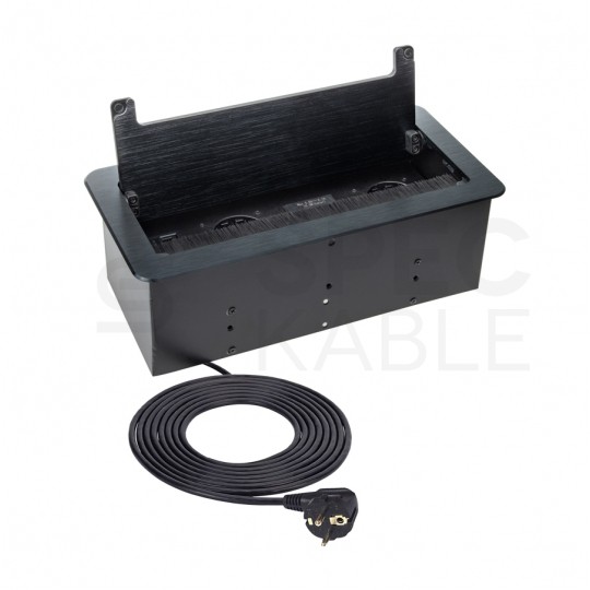 Gniazdo meblowe chowane w blat INBOX czarne podwójne 2x [2P+Z] 16A + gniazdo ładowania USB A + USB C (5V / 2,1A) + port RJ45 + port HDMI 2.0 z przewodem 3m