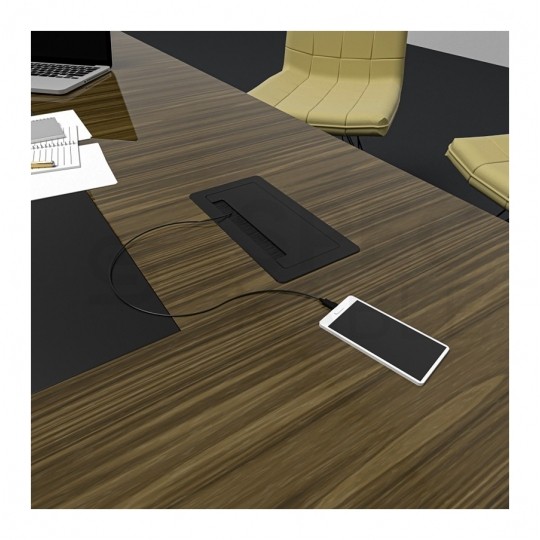 Gniazdo meblowe chowane w blat INBOX czarne podwójne 2x [2P+Z] 16A + gniazdo ładowania USB A + USB C (5V / 2,1A) + port RJ45 + port HDMI 2.0 z przewodem 3m