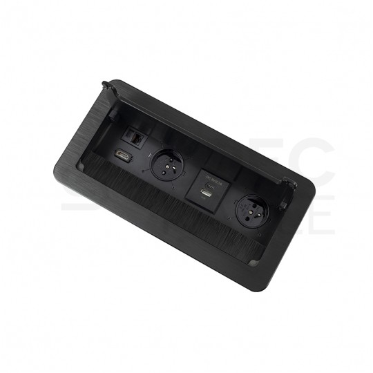 Gniazdo meblowe chowane w blat INBOX czarne podwójne 2x [2P+Z] 16A + gniazdo ładowania USB A + USB C (5V / 2,1A) + port RJ45 + port HDMI 2.0 z przewodem 3m