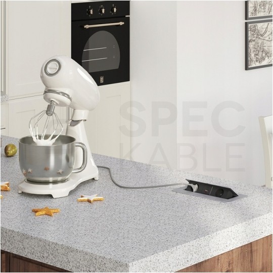 Gniazdo meblowe chowane w blat KOMBI BOX aluminiowe podwójne 2x [2P+Z] 16A + gniazdo ładowania USB A + USB C (5V / 2,1A) z przewodem 3m