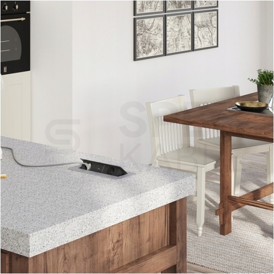 Gniazdo meblowe chowane w blat KOMBI BOX aluminiowe podwójne 2x [2P+Z] 16A + gniazdo ładowania USB A + USB C (5V / 2,1A) z przewodem 3m