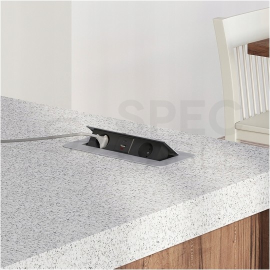 Gniazdo meblowe chowane w blat KOMBI BOX aluminiowe podwójne 2x [2P+Z] 16A + gniazdo ładowania USB A + USB C (5V / 2,1A) z przewodem 3m