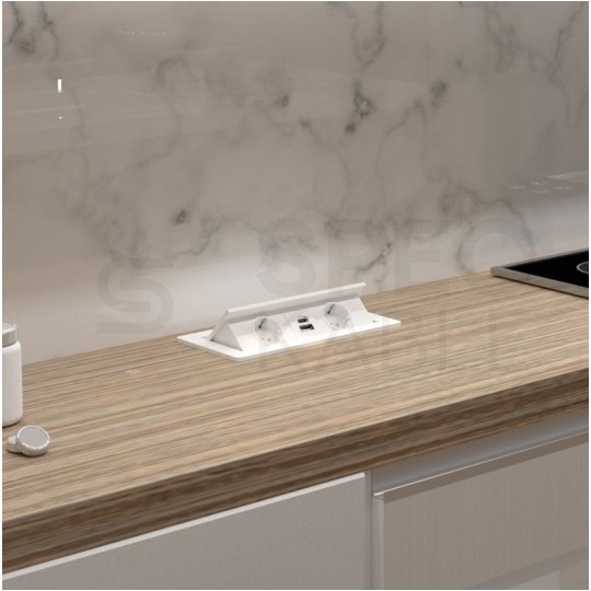 Gniazdo meblowe chowane w blat KOMBI BOX białe podwójne 2x [2P+Z] 16A + gniazdo ładowania USB A + USB C (5V / 2,1A) z przewodem 3m