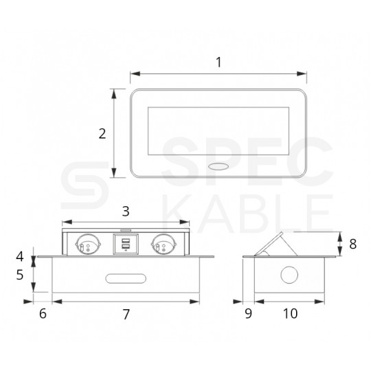 Gniazdo meblowe chowane w blat KOMBI BOX czarne podwójne 2x [2P+Z] 16A + gniazdo ładowania 2x USB A (5V / 2,1A) z przewodem 3m