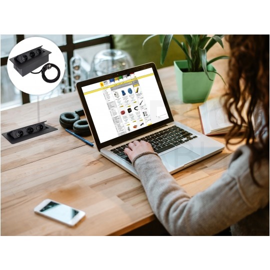 Gniazdo meblowe chowane w blat KOMBI BOX czarne potrójne 3x [2P+Z] 16A z przewodem 1,8m