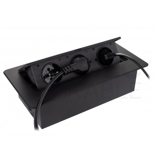 Gniazdo meblowe chowane w blat KOMBI BOX czarne potrójne 3x [2P+Z] 16A z przewodem 1,8m