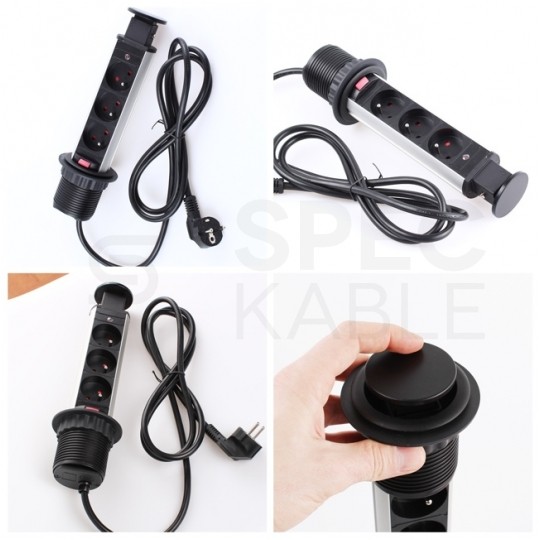 Gniazdo meblowe chowane w blat LIFT BOX okrągłe białe potrójne 3x [2P+Z] 16A z wyłącznikiem i przewodem 1,5m