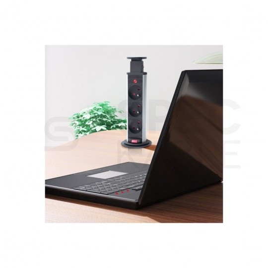 Gniazdo meblowe chowane w blat LIFT BOX okrągłe czarne potrójne 3x [2P+Z] 16A z wyłącznikiem i przewodem 1,5m