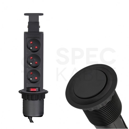 Gniazdo meblowe chowane w blat LIFT BOX okrągłe czarne potrójne 3x [2P+Z] 16A z wyłącznikiem i przewodem 1,5m