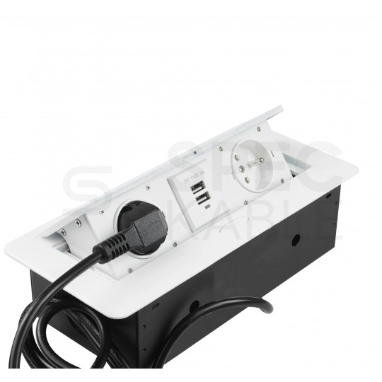 Gniazdo meblowe chowane w blat podwójne 2x [2P+Z] 10A + gniazdo ładowania 2x USB A (5V / 2,1A) metalowe białe z przewodem 1,5m ADELID