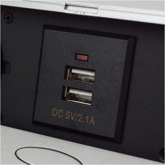 Gniazdo meblowe chowane w blat podwójne 2x [2P+Z] 10A + gniazdo ładowania 2x USB A (5V / 2,1A) metalowe białe z przewodem 1,5m ADELID