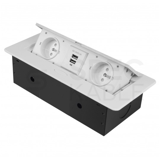 Gniazdo meblowe chowane w blat podwójne 2x [2P+Z] 10A + gniazdo ładowania 2x USB A (5V / 2,1A) metalowe białe z przewodem 1,5m ADELID