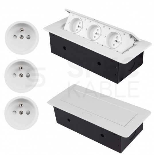 Gniazdo meblowe chowane w blat podwójne 2x [2P+Z] 10A + gniazdo ładowania 2x USB A (5V / 2,1A) metalowe białe z przewodem 1,5m ADELID
