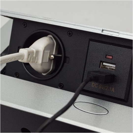 Gniazdo meblowe chowane w blat podwójne 2x [2P+Z] 10A + gniazdo ładowania 2x USB A (5V / 2,1A) metalowe białe z przewodem 1,5m ADELID