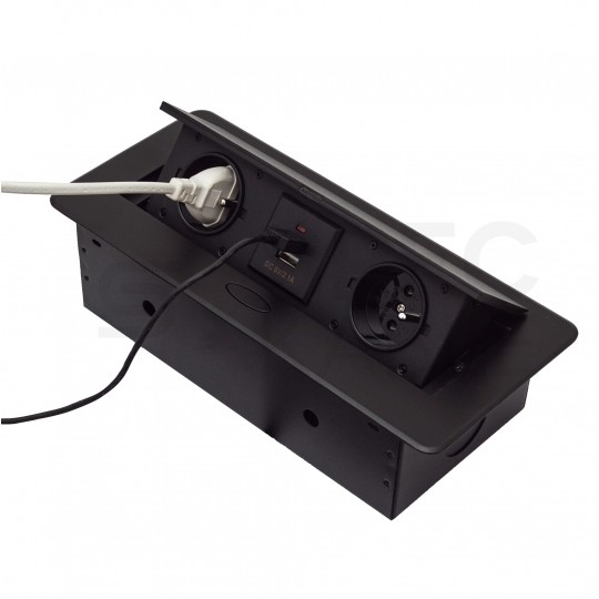 Gniazdo meblowe chowane w blat podwójne 2x [2P+Z] 10A + gniazdo ładowania 2x USB A (5V / 2,1A) metalowe czarne z przewodem 1,5m ADELID