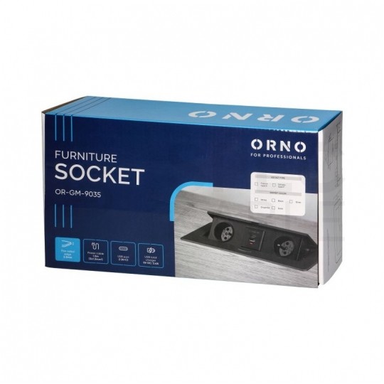 Gniazdo meblowe chowane w blat podwójne 2x [2P+Z] 16A + gniazdo ładowania USB A + USB C (5V / 3,6A) metalowe srebrne z przewodem 1,5m ORNO