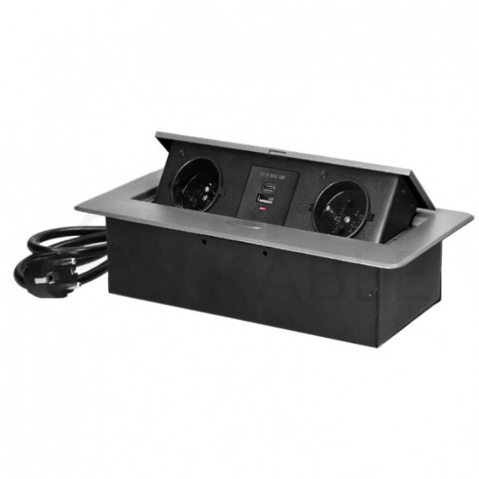 Gniazdo meblowe chowane w blat podwójne 2x [2P+Z] 16A + gniazdo ładowania USB A + USB C (5V / 3,6A) metalowe srebrne z przewodem 1,5m ORNO