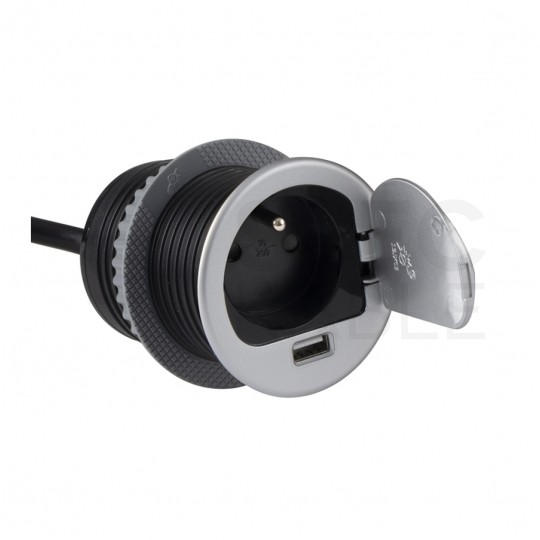 Gniazdo meblowe chowane w blat SINGLE BOX okrągłe aluminiowe pojedyncze 1x [2P+Z] 16A + gniazdo ładowania 1x USB A (5V / 2,4A) z przewodem 1,8m