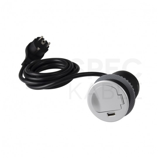 Gniazdo meblowe chowane w blat SINGLE BOX okrągłe aluminiowe pojedyncze 1x [2P+Z] 16A + gniazdo ładowania 1x USB A (5V / 2,4A) z przewodem 1,8m