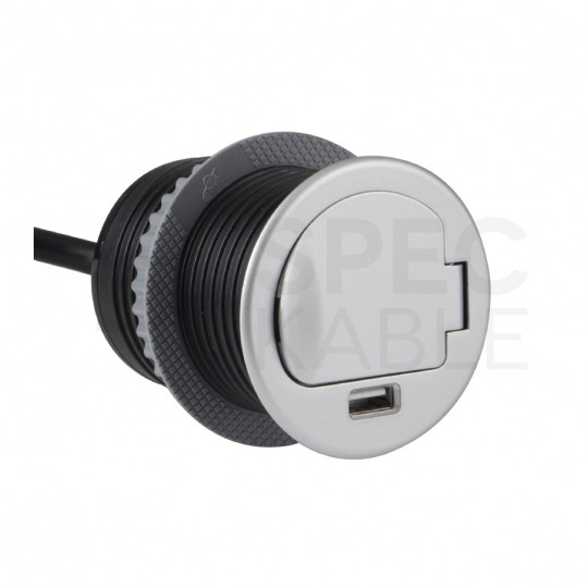 Gniazdo meblowe chowane w blat SINGLE BOX okrągłe aluminiowe pojedyncze 1x [2P+Z] 16A + gniazdo ładowania 1x USB A (5V / 2,4A) z przewodem 1,8m