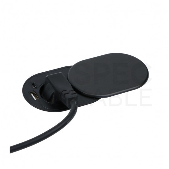 Gniazdo meblowe chowane w blat SLIDE BOX okrągłe aluminiowe pojedyncze 1x [2P+Z] 16A + gniazdo ładowania 2x USB A+C (5V / 39,4A)